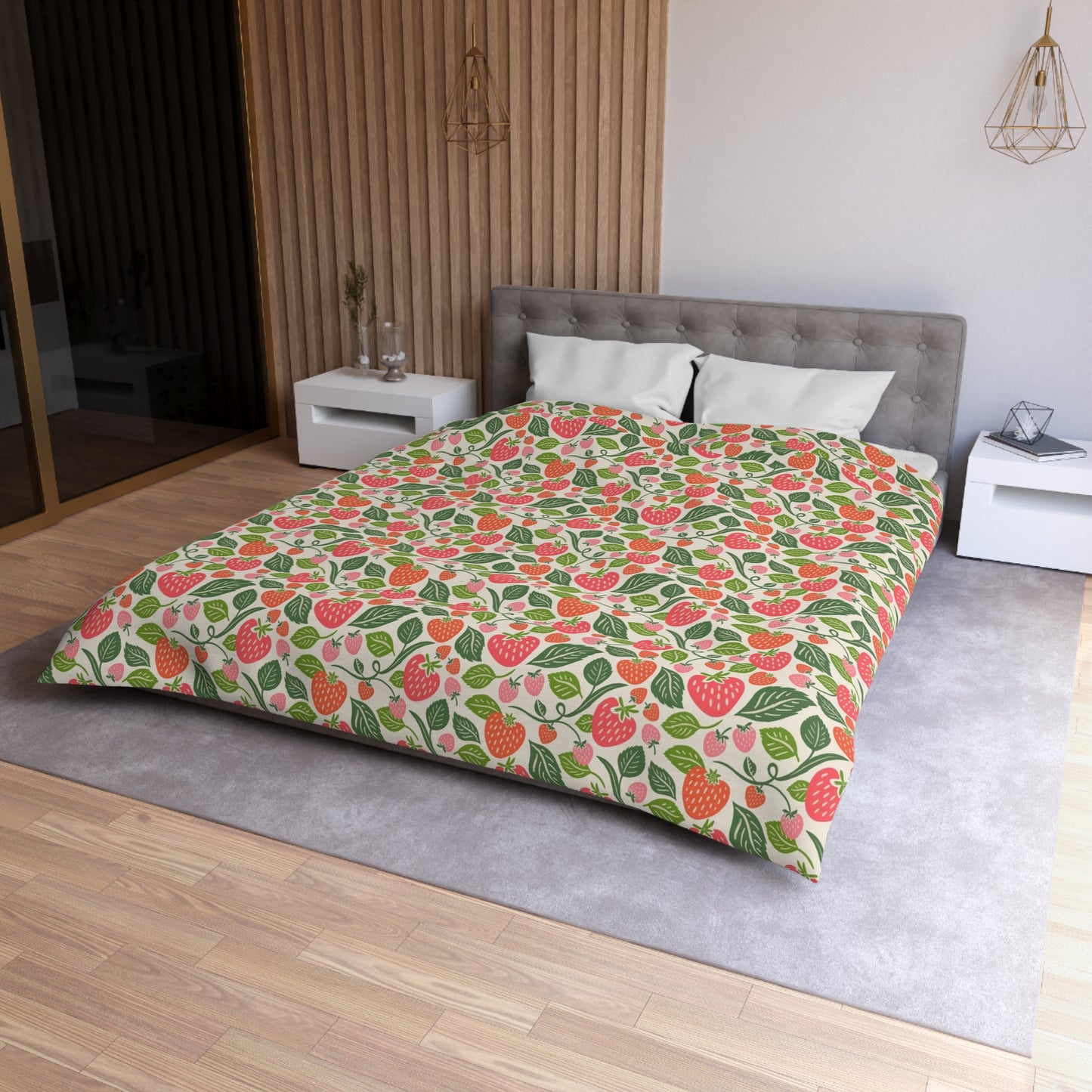 Strawberry Fields Summer Duvet Cover - Bright and Cheerful Strawberry Design, Coastal Bedding, Summer Vibes