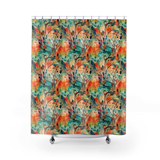 Botanical Geometric Orange Teal Shower Curtain - Artistic Abstract Bathroom Decoration