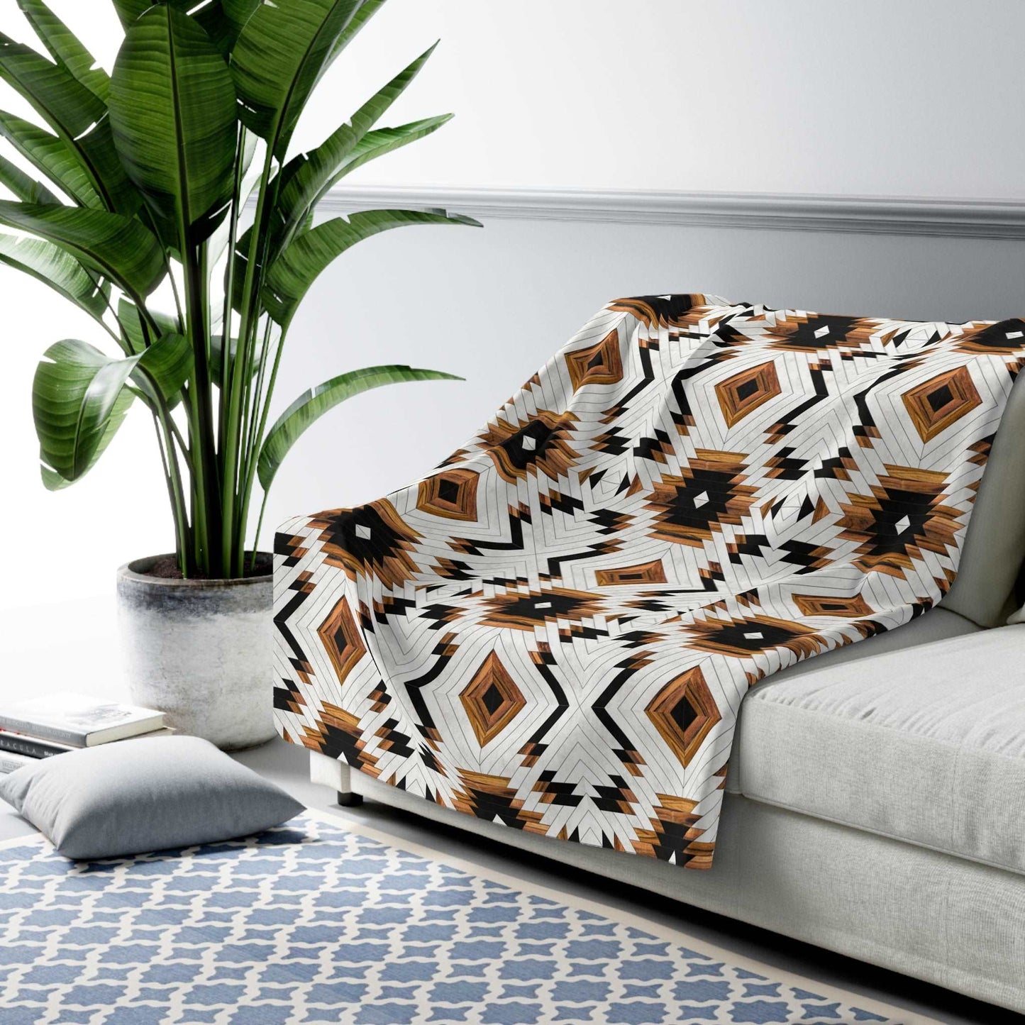 Aztec Geometric Design Sherpa Fleece Blanket - Modern Rustic Home Decor Throw