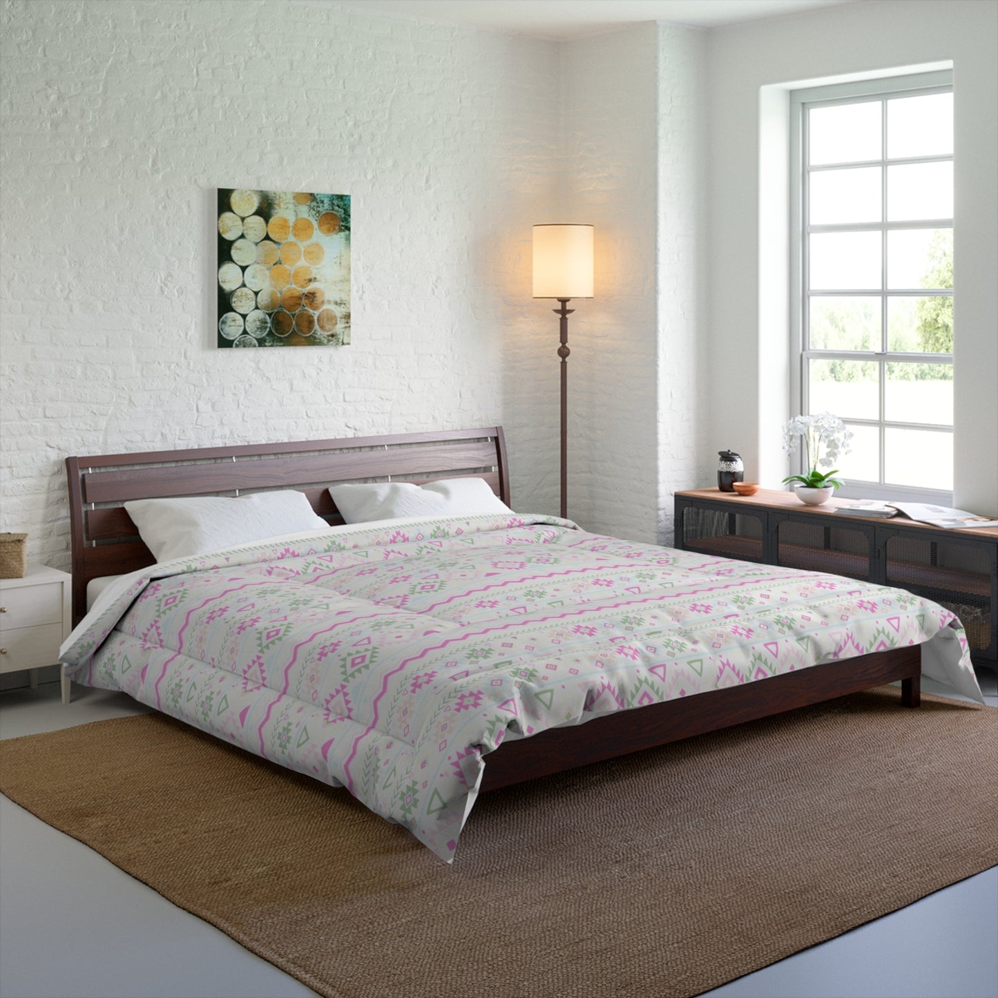 Modern Blush Pink and Green Geometrical Aztec Microfiber Polyester Comforter Set - Unique Geometric Pattern Bedding for Adults