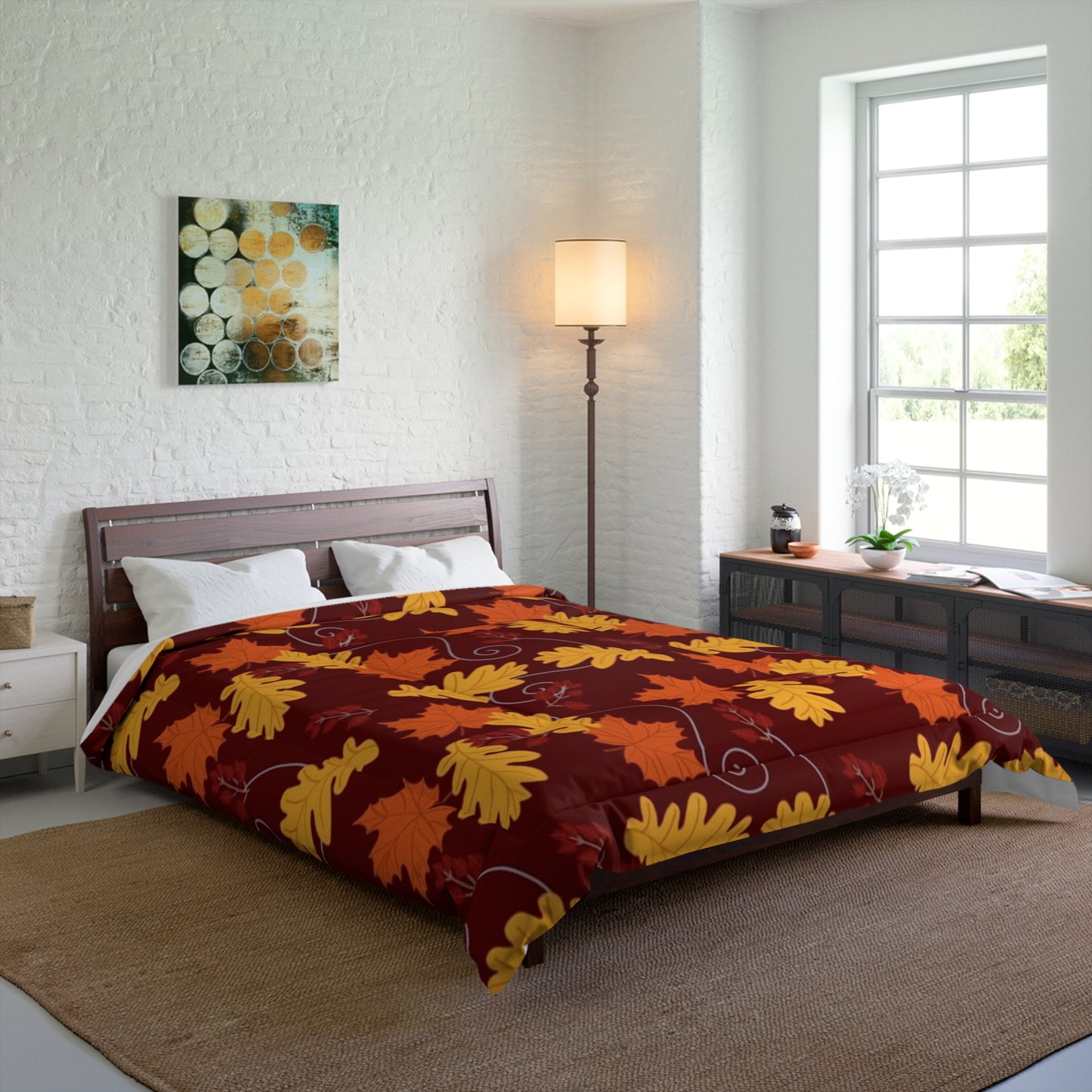 Dark Red Autumn Leaves Comforter - Cozy Fall Bedroom Decor, Windy Leaf Pattern