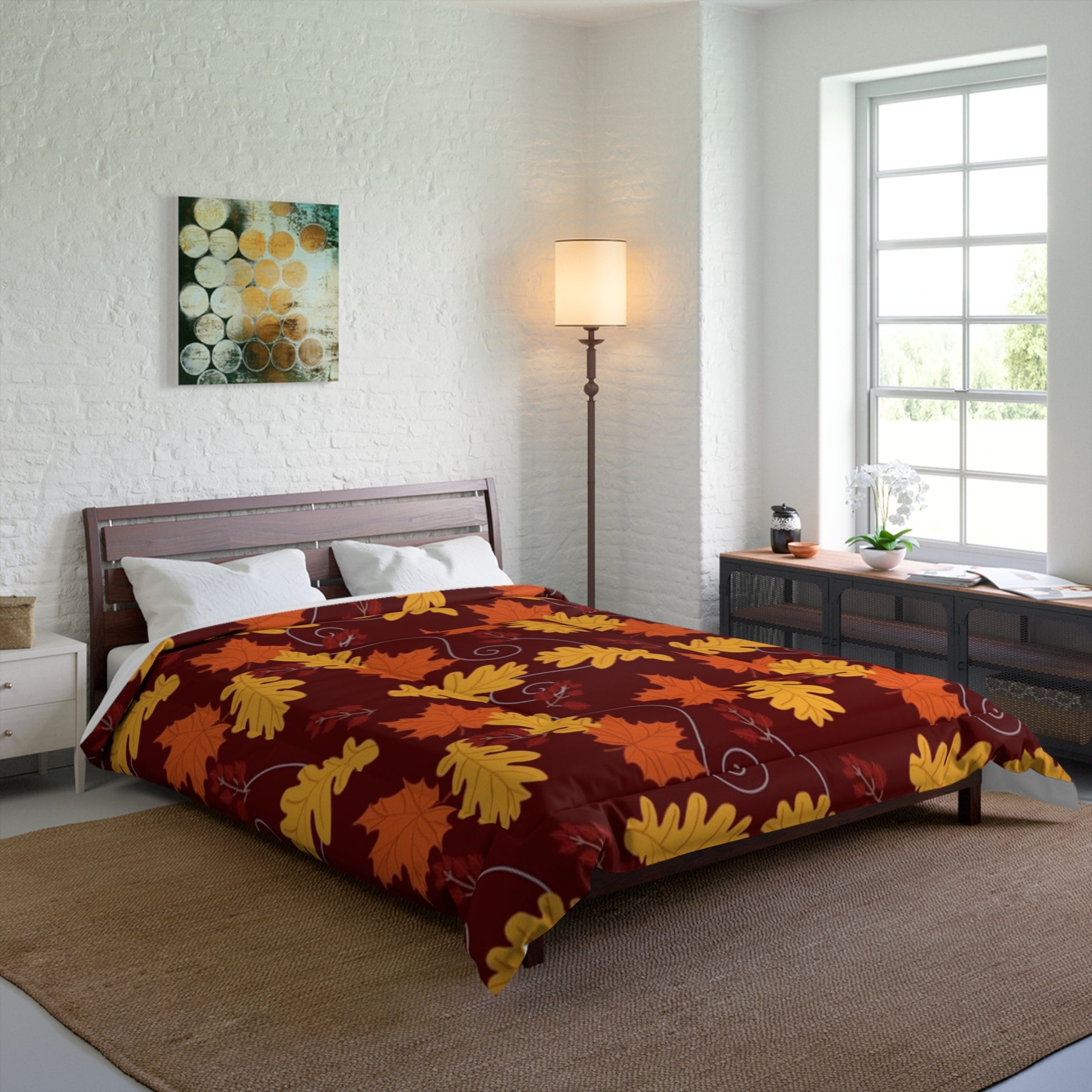 Dark Red Autumn Leaves Comforter - Cozy Fall Bedroom Decor, Windy Leaf Pattern