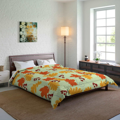 Autumn Leaves in the Wind Green Pattern Comforter - Seasonal Fall Decor Bedding