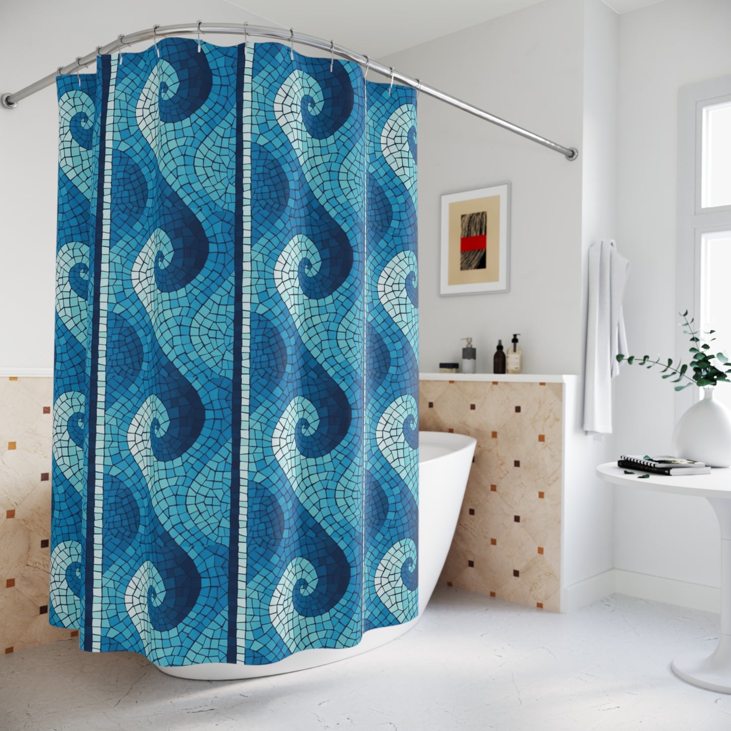 Shower Curtain - Wave Mosaic Border, Navy Blue