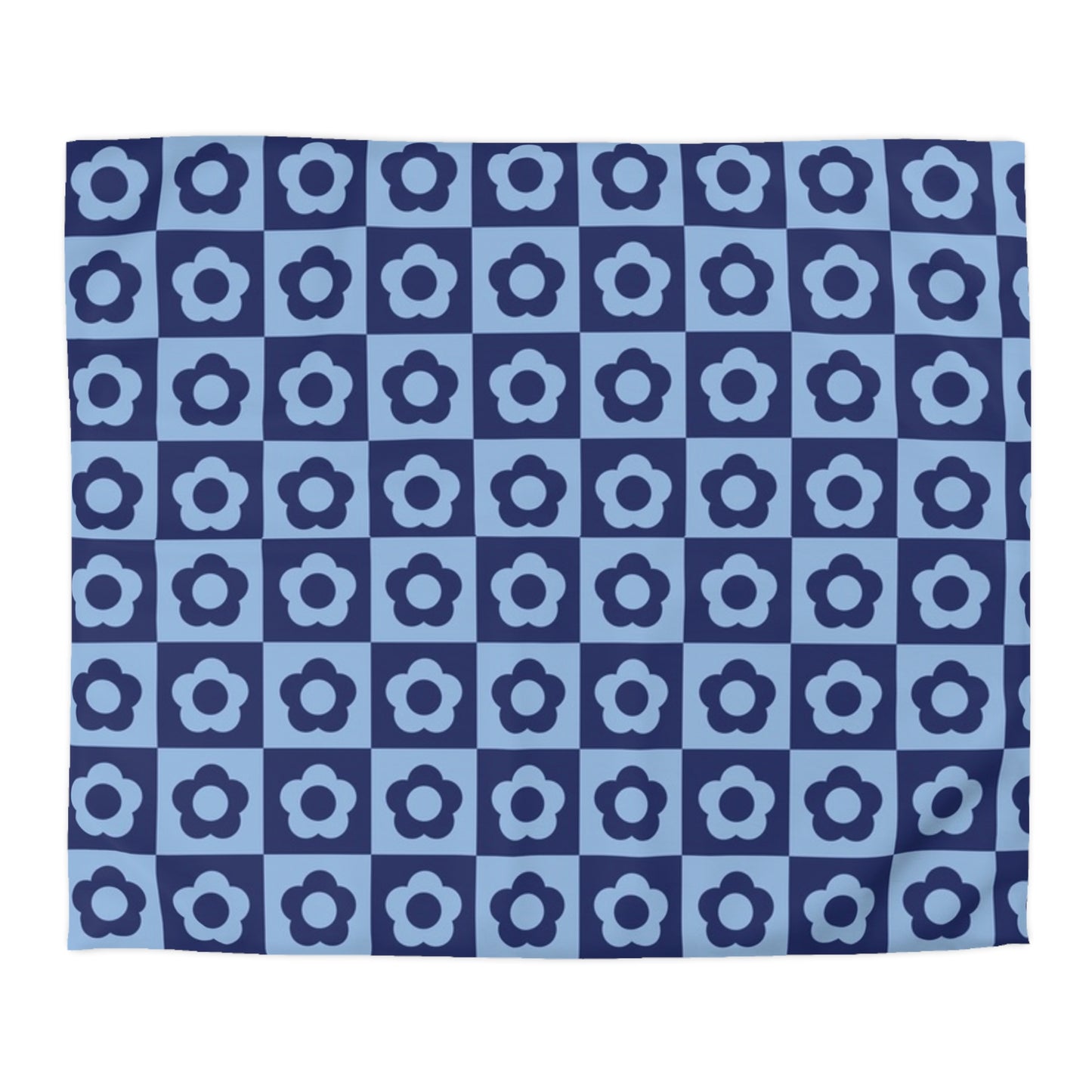 Navy Blue Checkerboard Duvet Cover with White Daisies - Country Chic Bedroom Decor