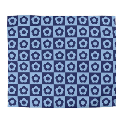 Navy Blue Checkerboard Duvet Cover with White Daisies - Country Chic Bedroom Decor