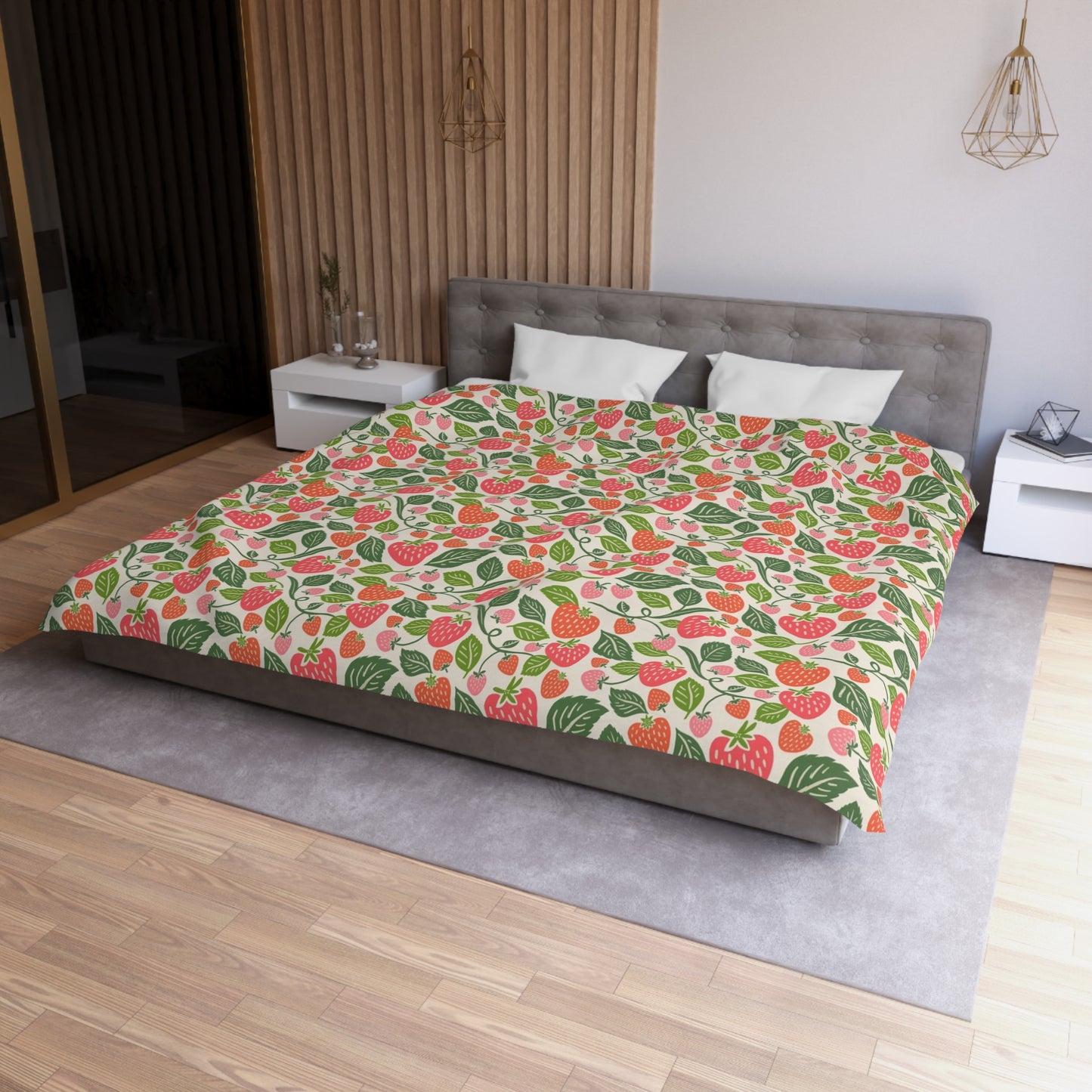 Strawberry Fields Summer Duvet Cover - Bright and Cheerful Strawberry Design, Coastal Bedding, Summer Vibes