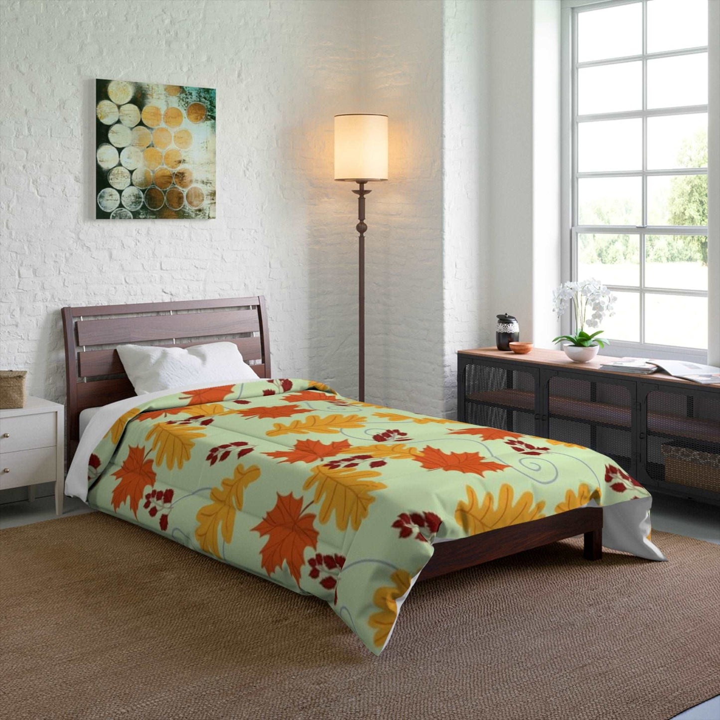 Autumn Leaves in the Wind Green Pattern Comforter - Seasonal Fall Decor Bedding