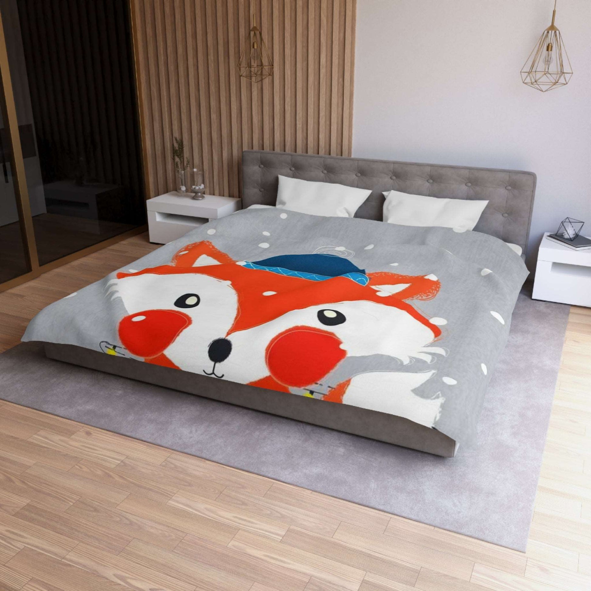 Christmas Fox with Fiery Lights Duvet Cover - Cozy Holiday Bedding for a Warm Festive Glow