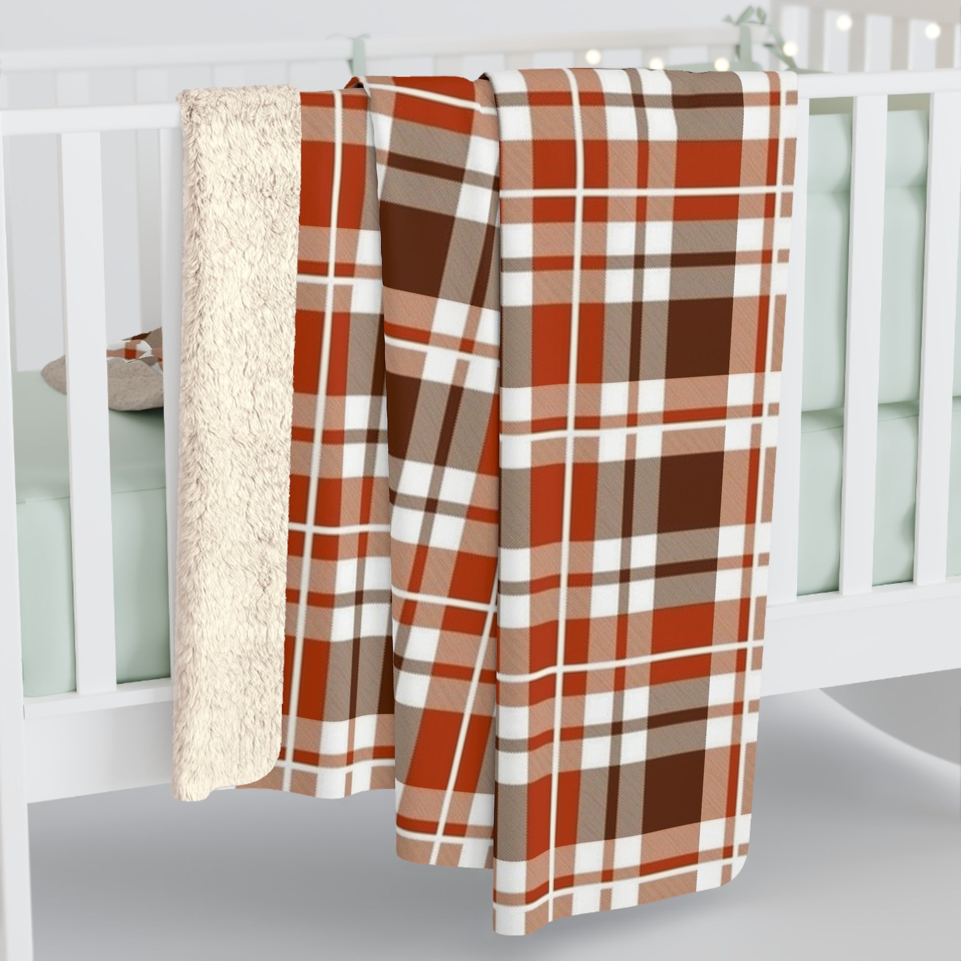 Thanksgiving Fall Plaid Big Scale Sherpa Fleece Blanket - Soft Orange Brown Throw