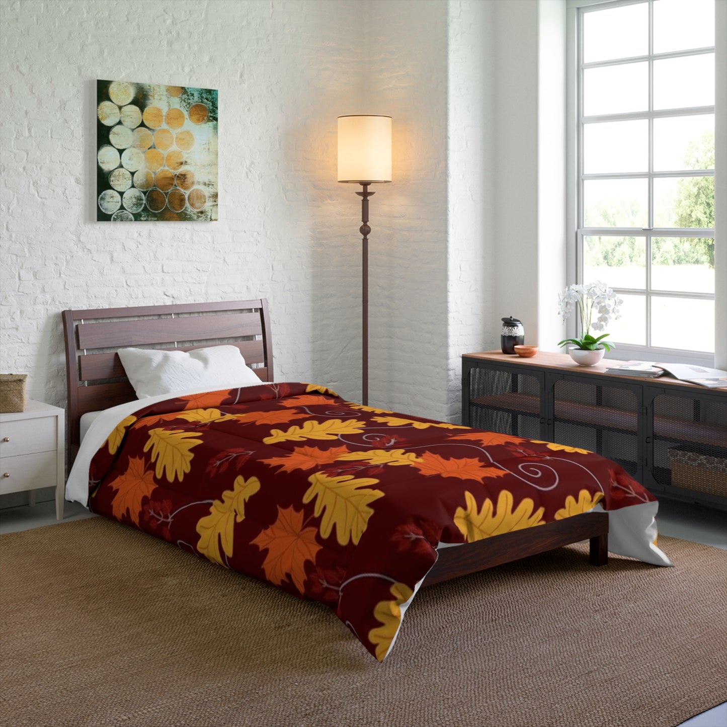 Dark Red Autumn Leaves Comforter - Cozy Fall Bedroom Decor, Windy Leaf Pattern