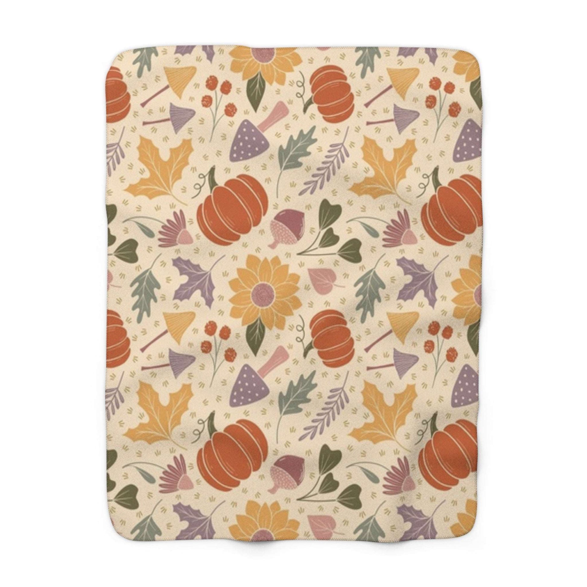 Autumn Harvest Fall in Bloom Sherpa Fleece Blanket - Warm Pumpkins Mushrooms Design