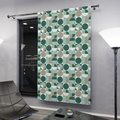 Green Geometric Window Curtains - Modern Abstract Circles in Squares Design, Contemporary Window Pane Decor