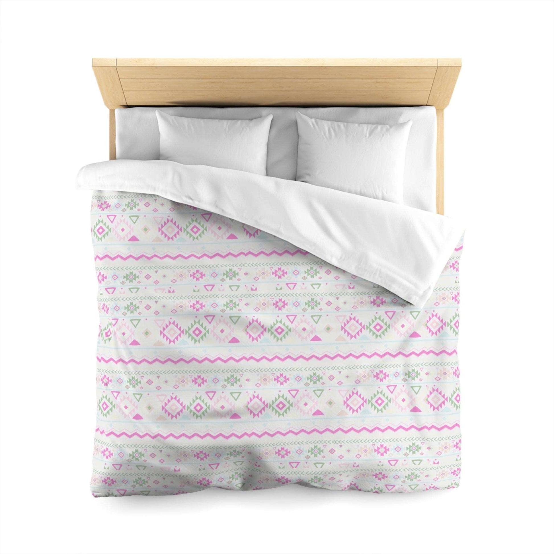 Boho Chic Blush Pink Green Geometrical Aztec Tribal Duvet Cover - Handmade Inspired Bedding Set