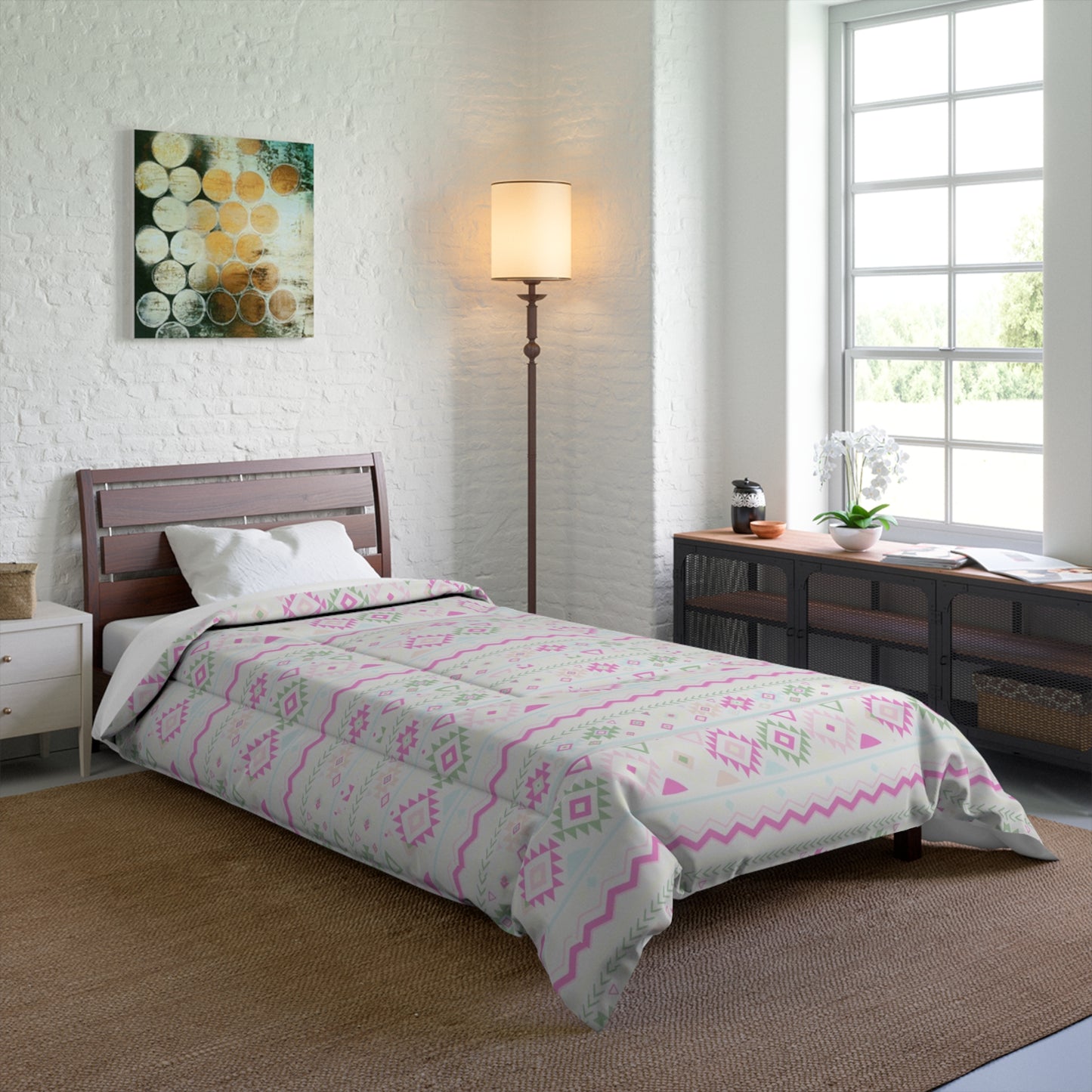 Modern Blush Pink and Green Geometrical Aztec Microfiber Polyester Comforter Set - Unique Geometric Pattern Bedding for Adults