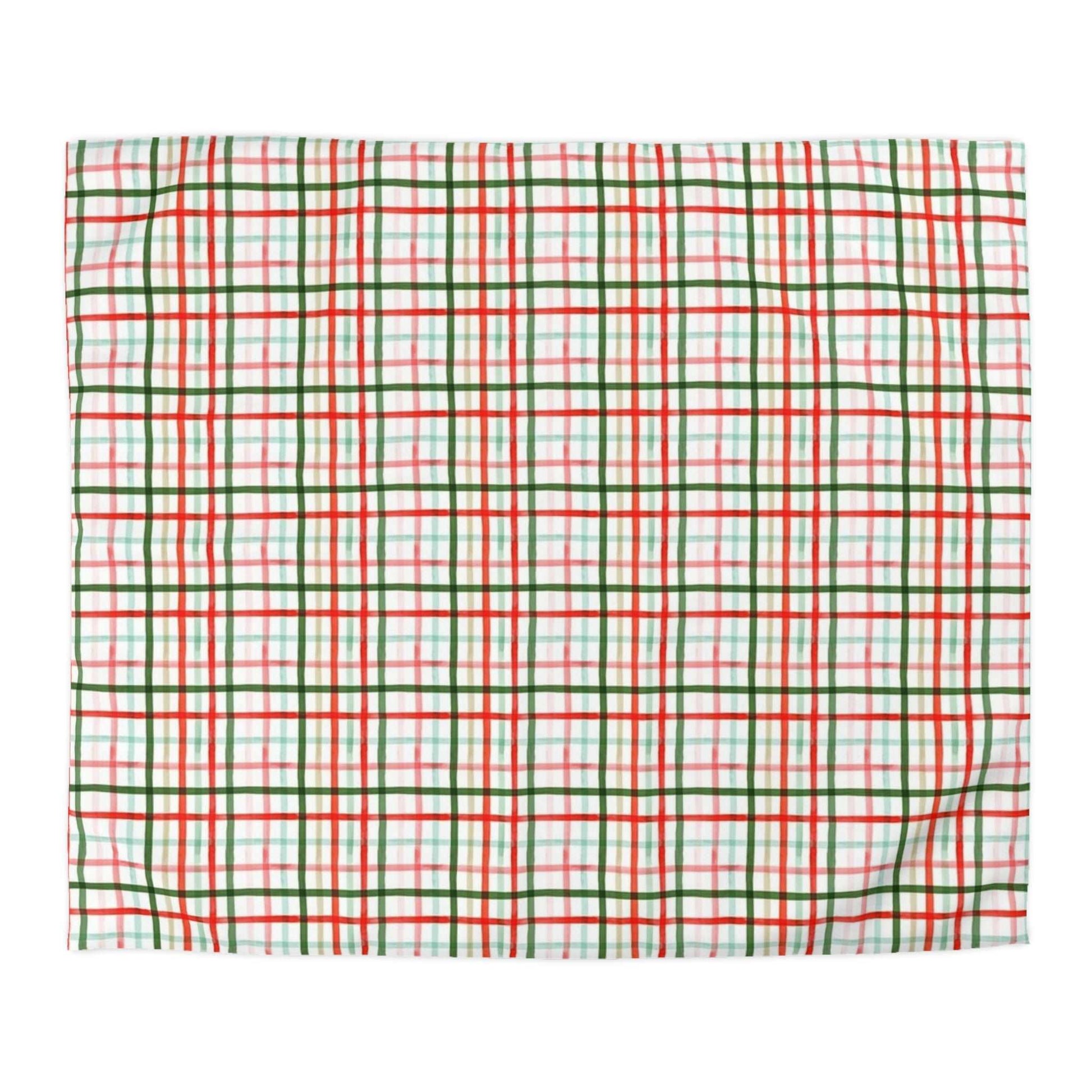 Christmas Watercolor Plaid Duvet Cover - Rustic Holiday Bedroom Decor, Red and Green Buffalo Plaid