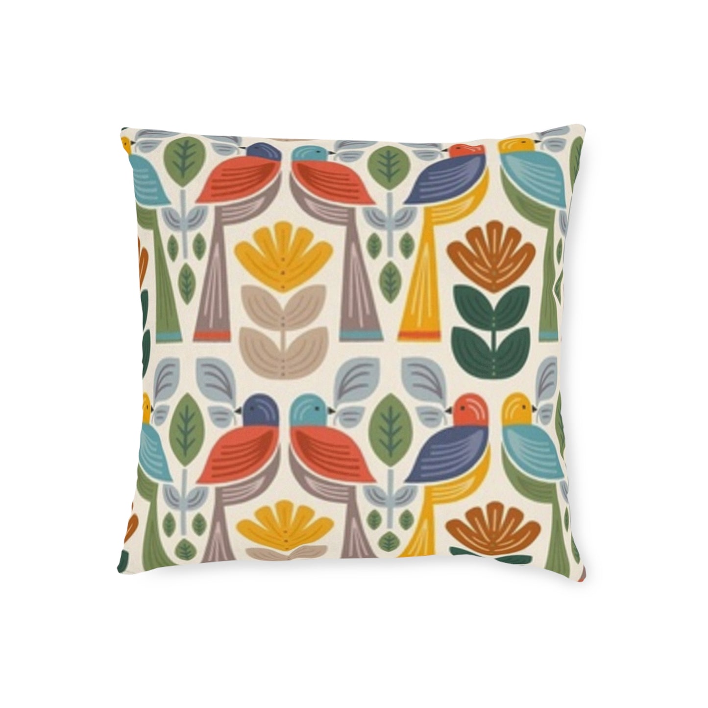 Square Pillow - Folk Birds Design - Pink Back