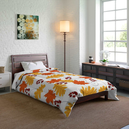 Autumn Leaves in the Wind White Accents Pattern Comforter - Seasonal Fall Decor Bedding