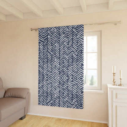 Herringbone Navy Blue on White Blackout Window Curtain - Boho Farmhouse Chic, 100% Blackout and Energy Efficient Window Treatment for Living Room