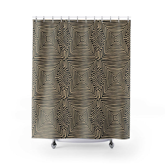 Charcoal Beige Panama Kuna Tribal Turtle Shower Curtain - Stylish Global-Inspired Bathroom Decor