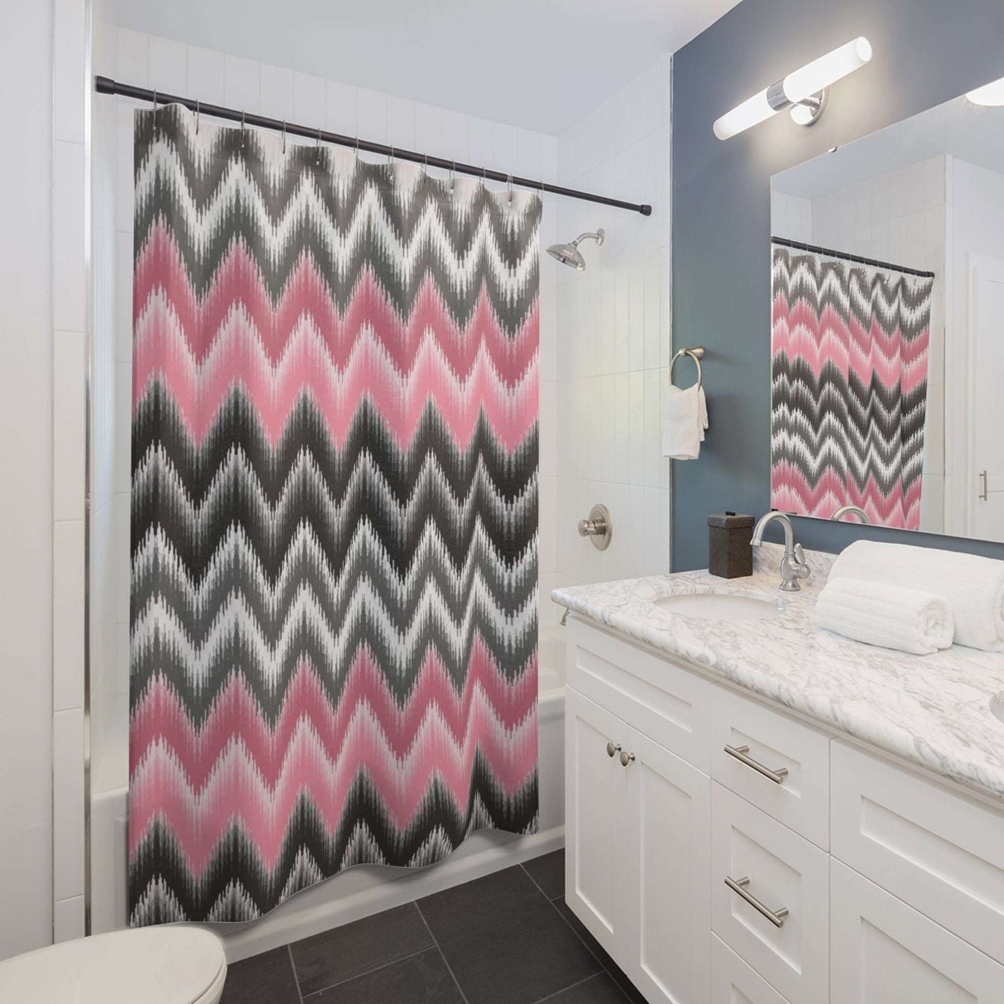 Blush Pink and Black Modern Ikat Chevron Pattern Shower Curtain - Waterproof and Mildew-Resistant Bathroom Decor