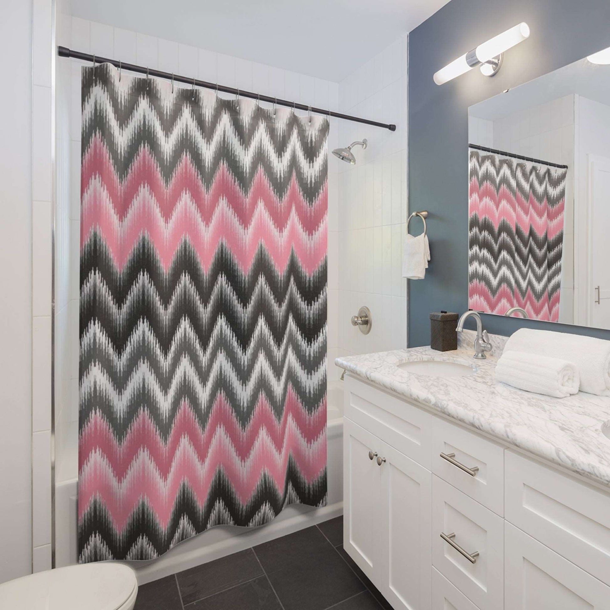 Blush Pink and Black Modern Ikat Chevron Pattern Shower Curtain - Waterproof and Mildew-Resistant Bathroom Decor