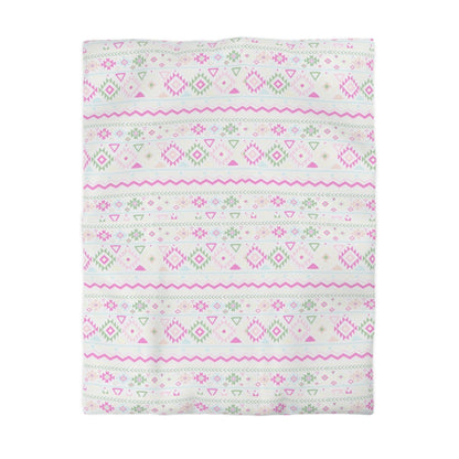 Boho Chic Blush Pink Green Geometrical Aztec Tribal Duvet Cover - Handmade Inspired Bedding Set