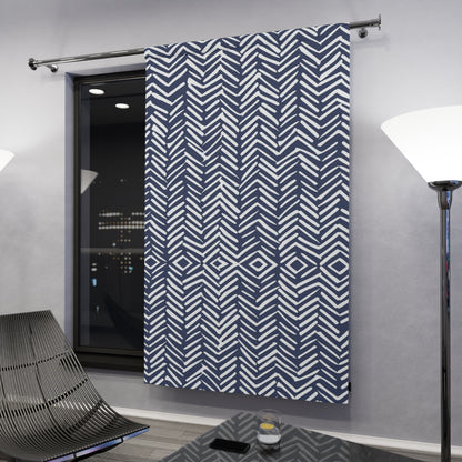 Herringbone Navy Blue on White Blackout Window Curtain - Boho Farmhouse Chic, 100% Blackout and Energy Efficient Window Treatment for Living Room