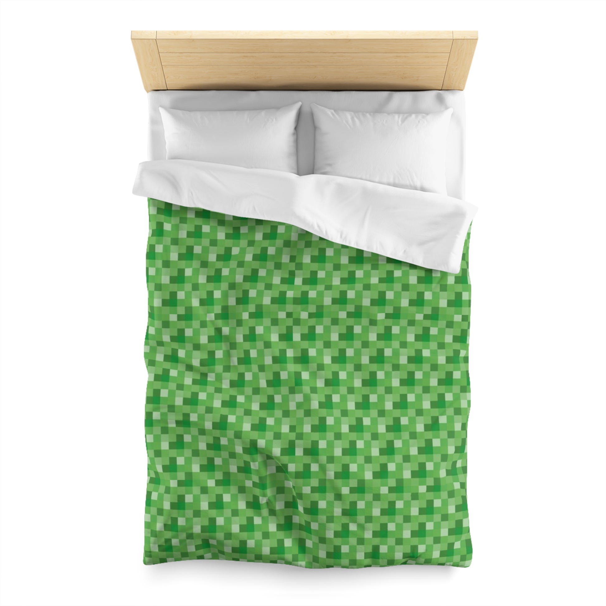 Minecraft Inspired Checkered Green Duvet Cover - Gaming Bedroom Decor, Block Pattern Bedding