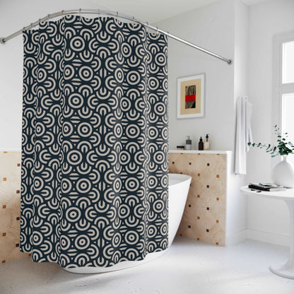 Basket Weave Geometric Curves Navy Blue Tan Shower Curtain - Coastal Bathroom Decor, Modern Geometric Pattern