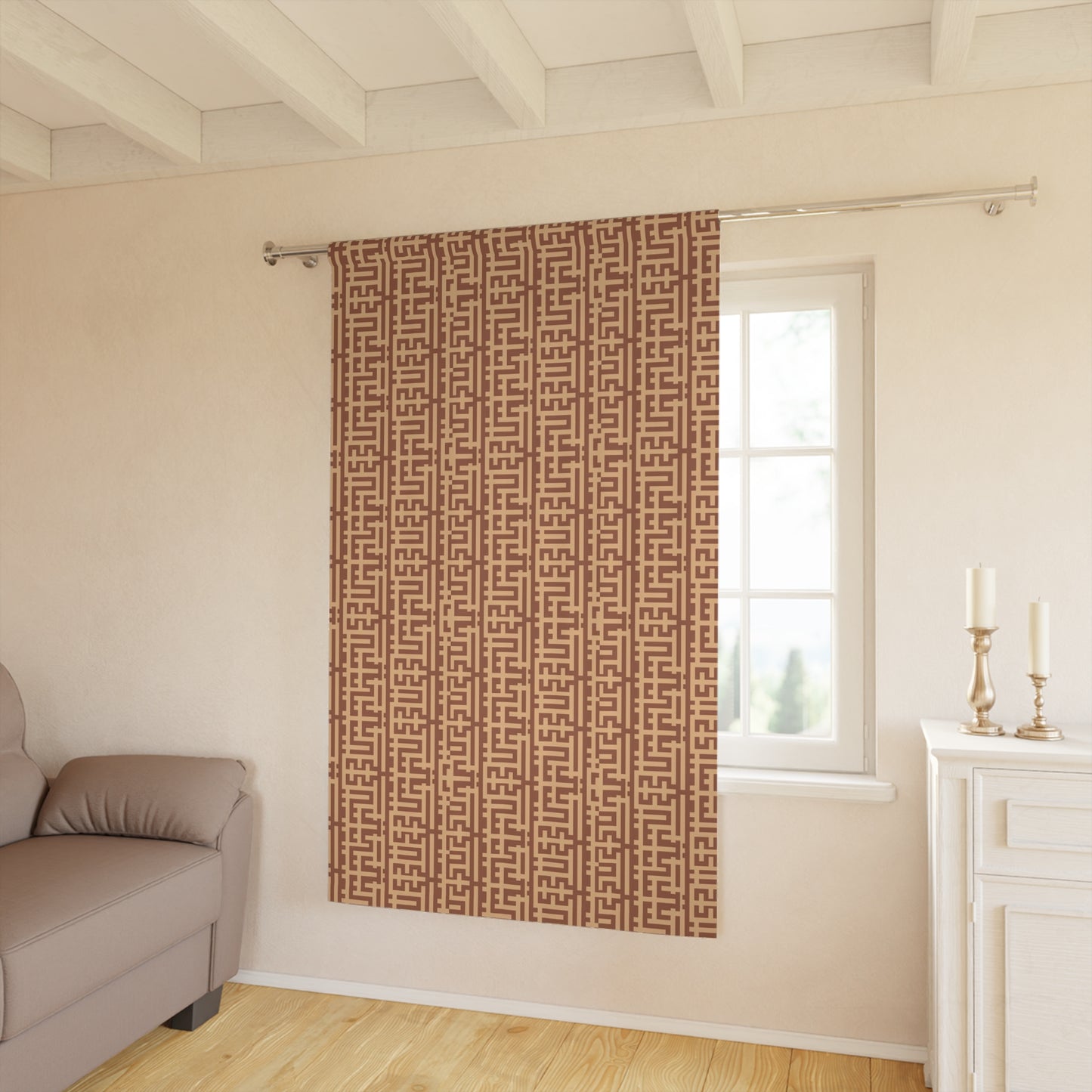 Geometric Chinoiserie Brown Window Curtain - Modern Asian-Inspired Design, Elegant Bedroom or Kitchen Window Decor