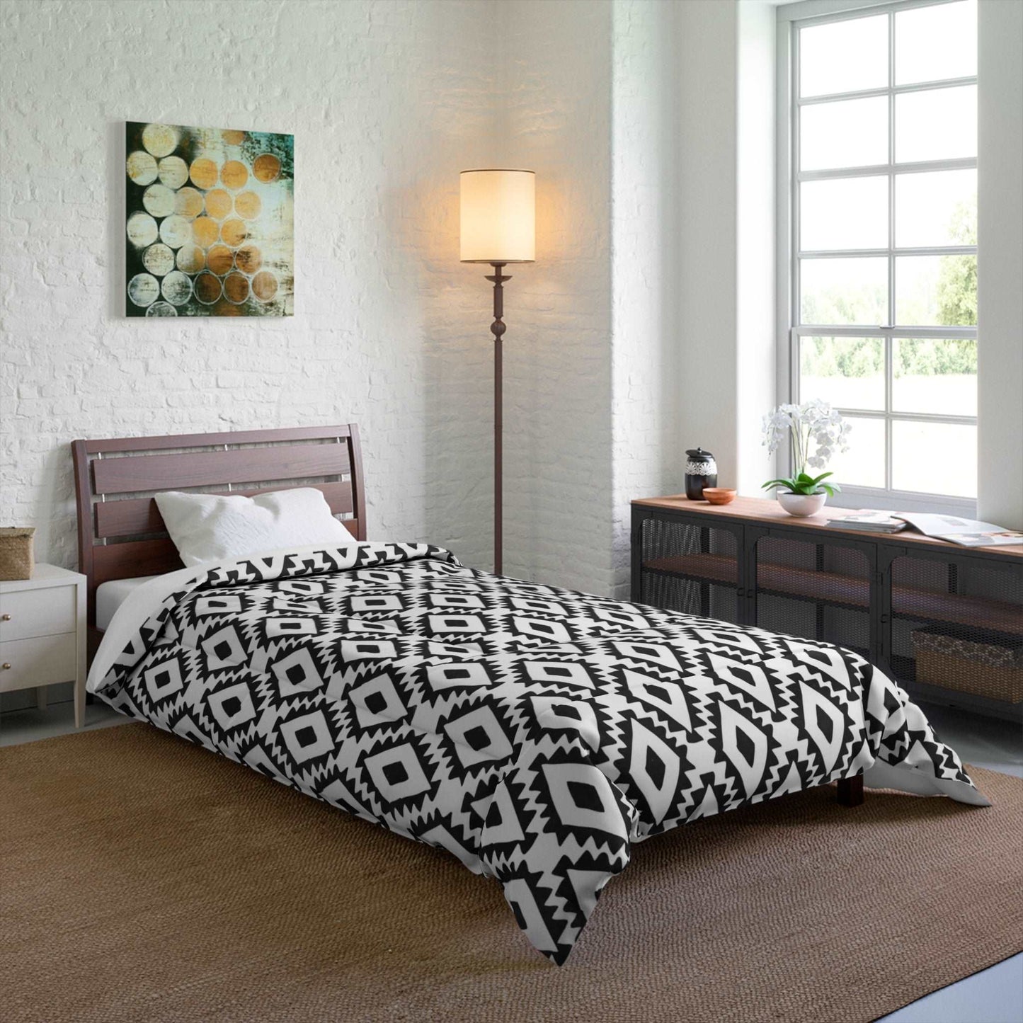 Aztec Geometrics B&W Microfiber Polyester Comforter Set - Stylish Modern Bedroom Furniture