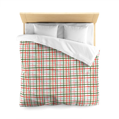 Christmas Watercolor Plaid Duvet Cover - Rustic Holiday Bedroom Decor, Red and Green Buffalo Plaid