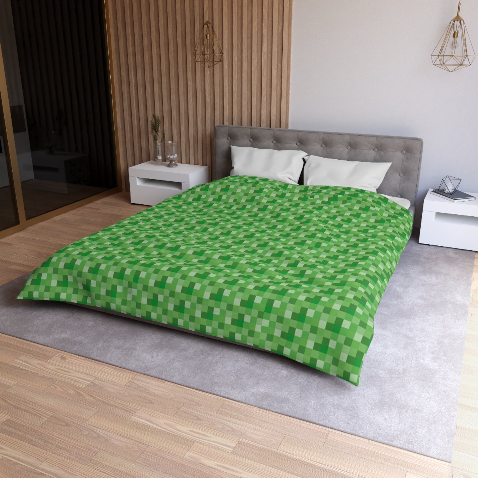 Minecraft Inspired Checkered Green Duvet Cover - Gaming Bedroom Decor, Block Pattern Bedding