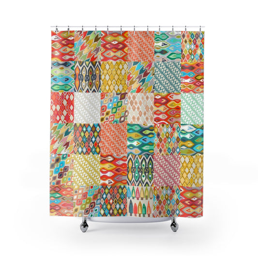 Colorful Ikat Summer Patchwork Design Shower Curtain - Waterproof and Mildew-Resistant Bathroom Decor