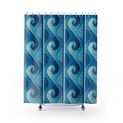 Shower Curtain - Wave Mosaic Border, Navy Blue