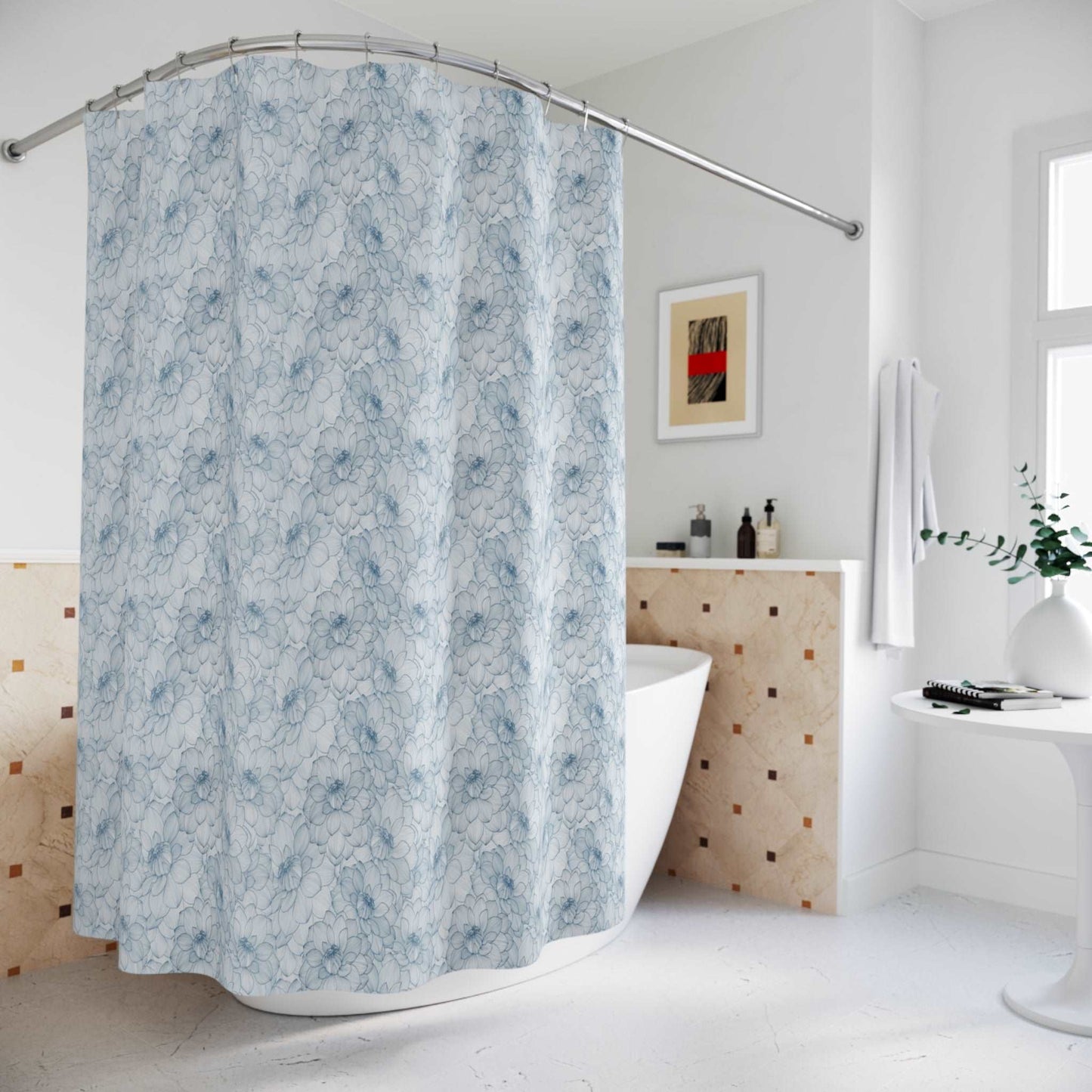 Blue Transparent Floral Shower Curtain