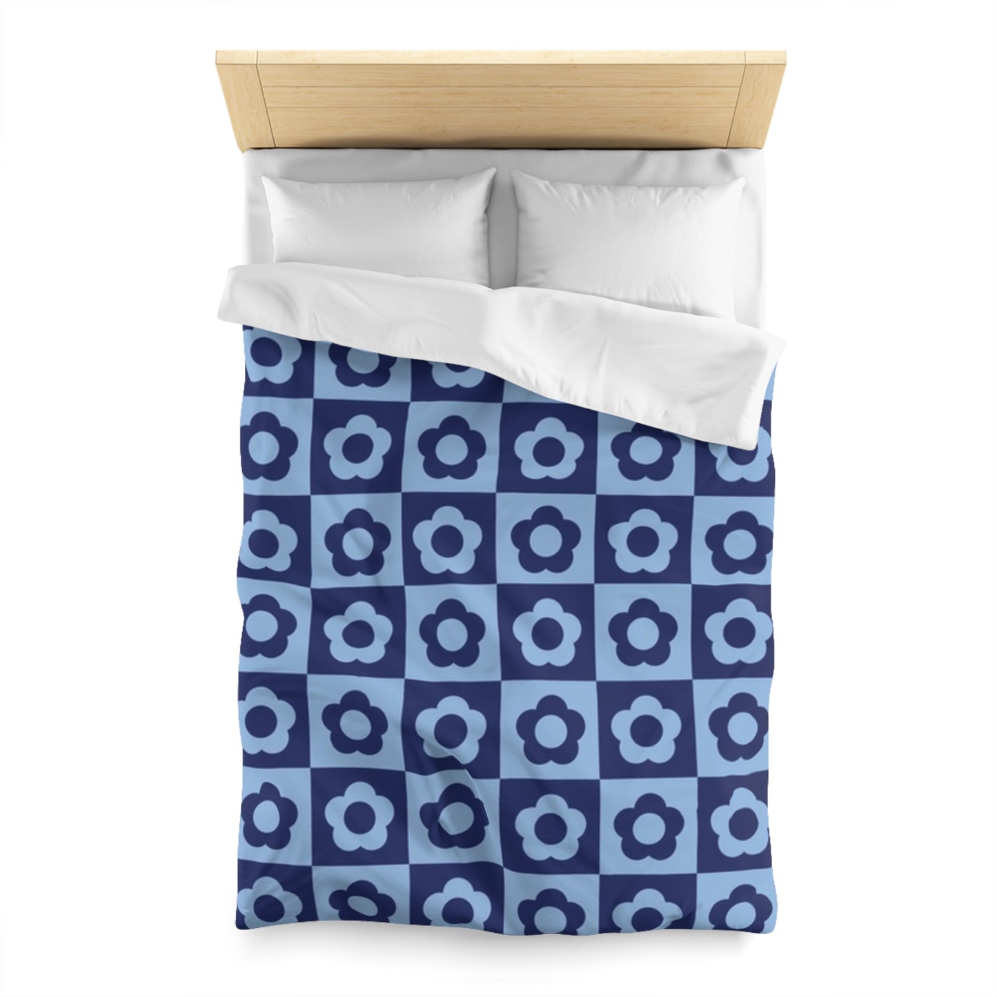 Navy Blue Checkerboard Duvet Cover with White Daisies - Country Chic Bedroom Decor