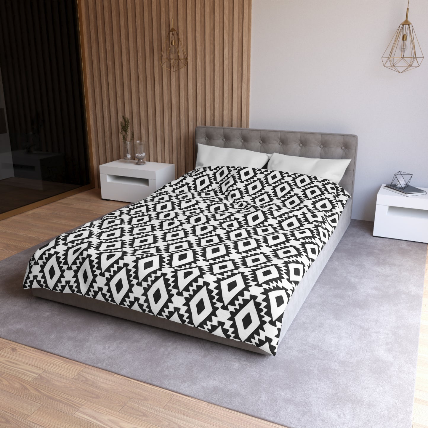 Modern Aztec Geometrics Black and White Microfiber Duvet Cover - Unique Geometric Pattern Bedding