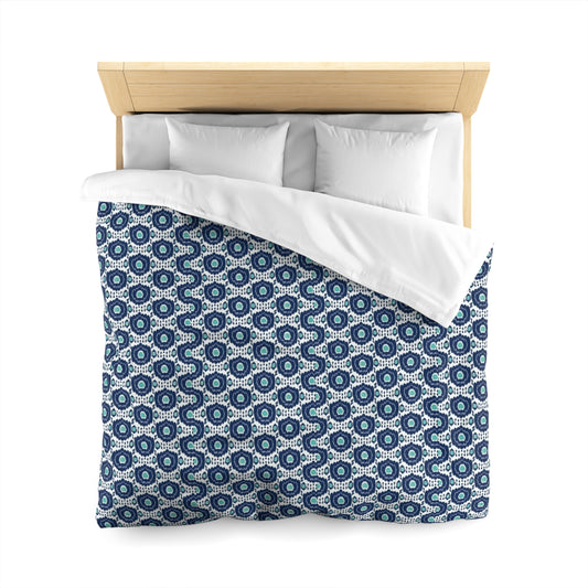 Navy Aqua Ikat Microfiber Duvet Cover - Exotic Bohemian Global-Inspired Coastal Pattern Bedroom