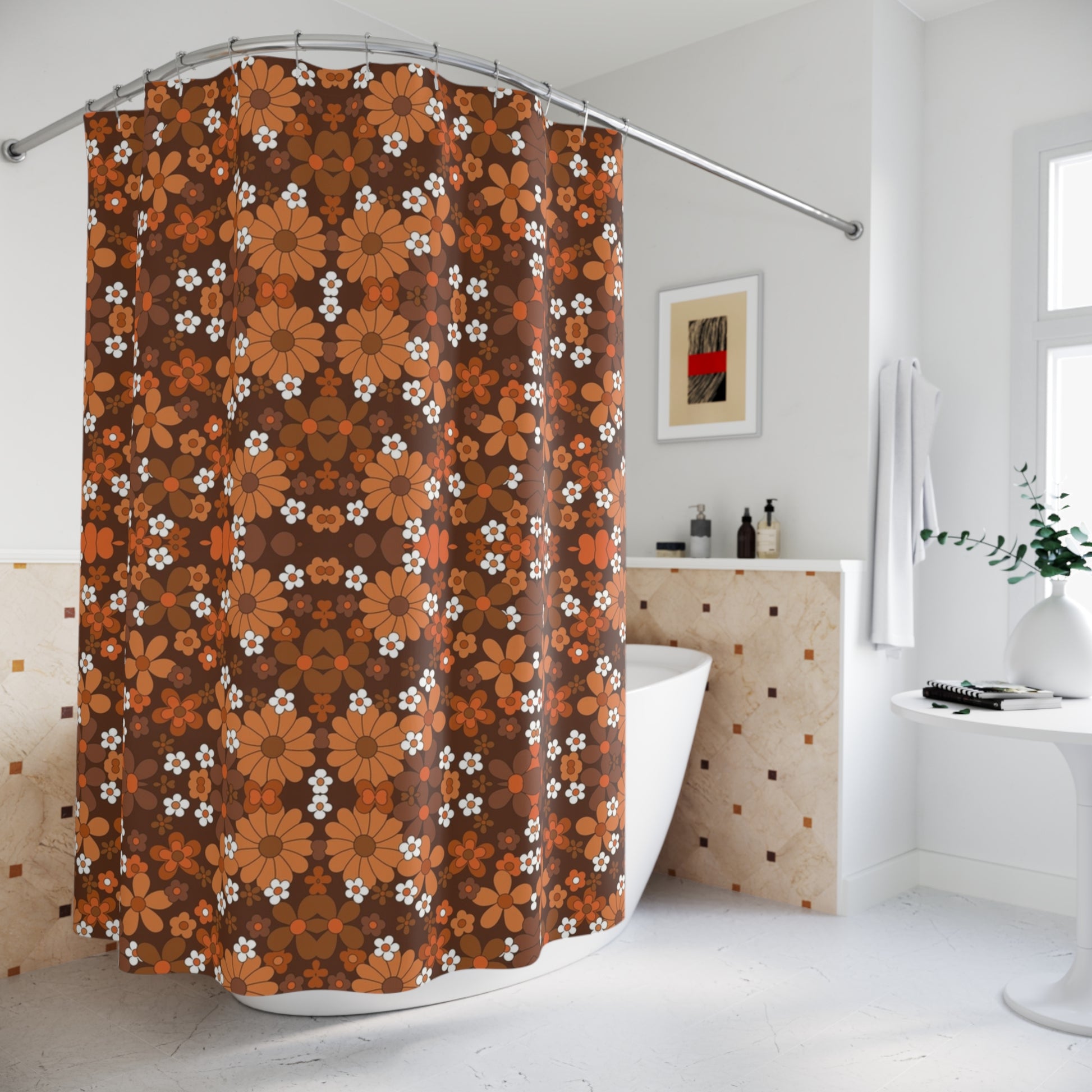 Retro Orange Brown Floral Design Shower Curtain - Classic Retro Bathroom Decoration