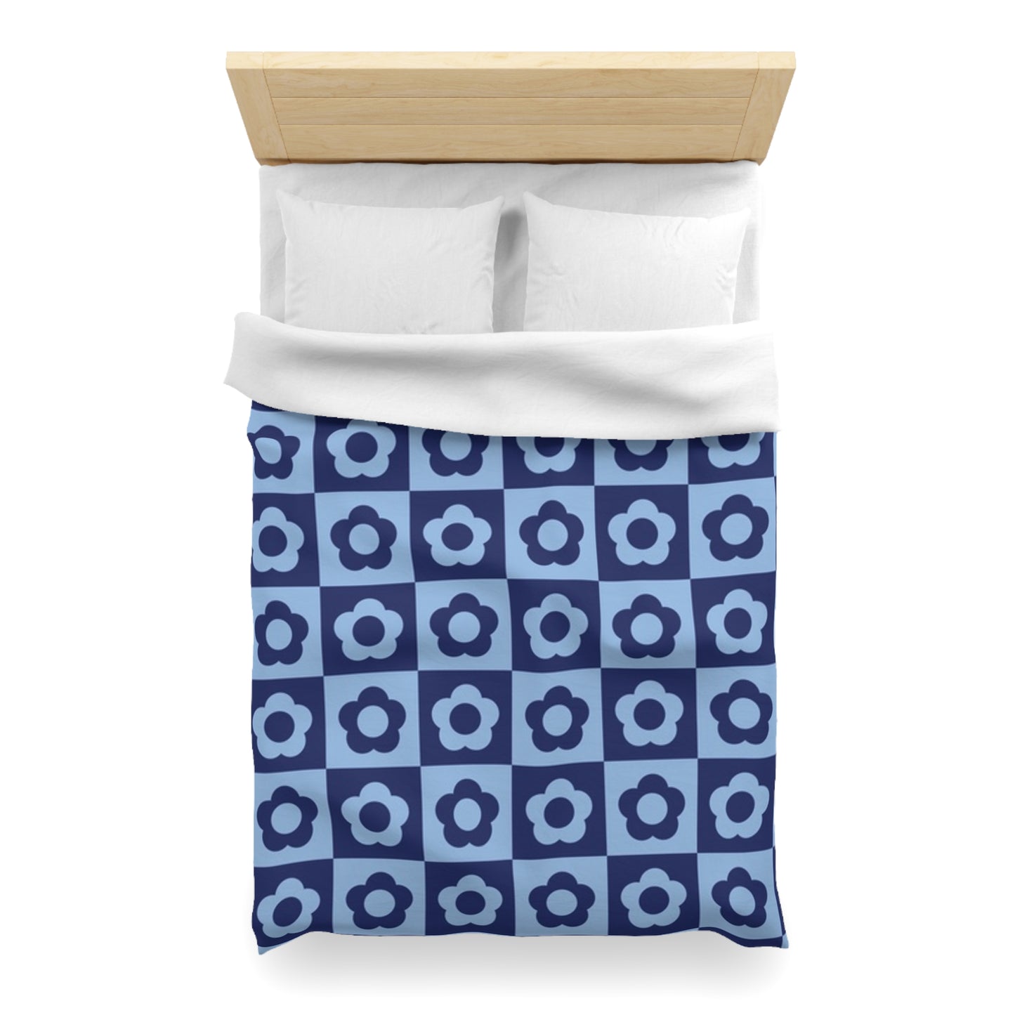 Navy Blue Checkerboard Duvet Cover with White Daisies - Country Chic Bedroom Decor