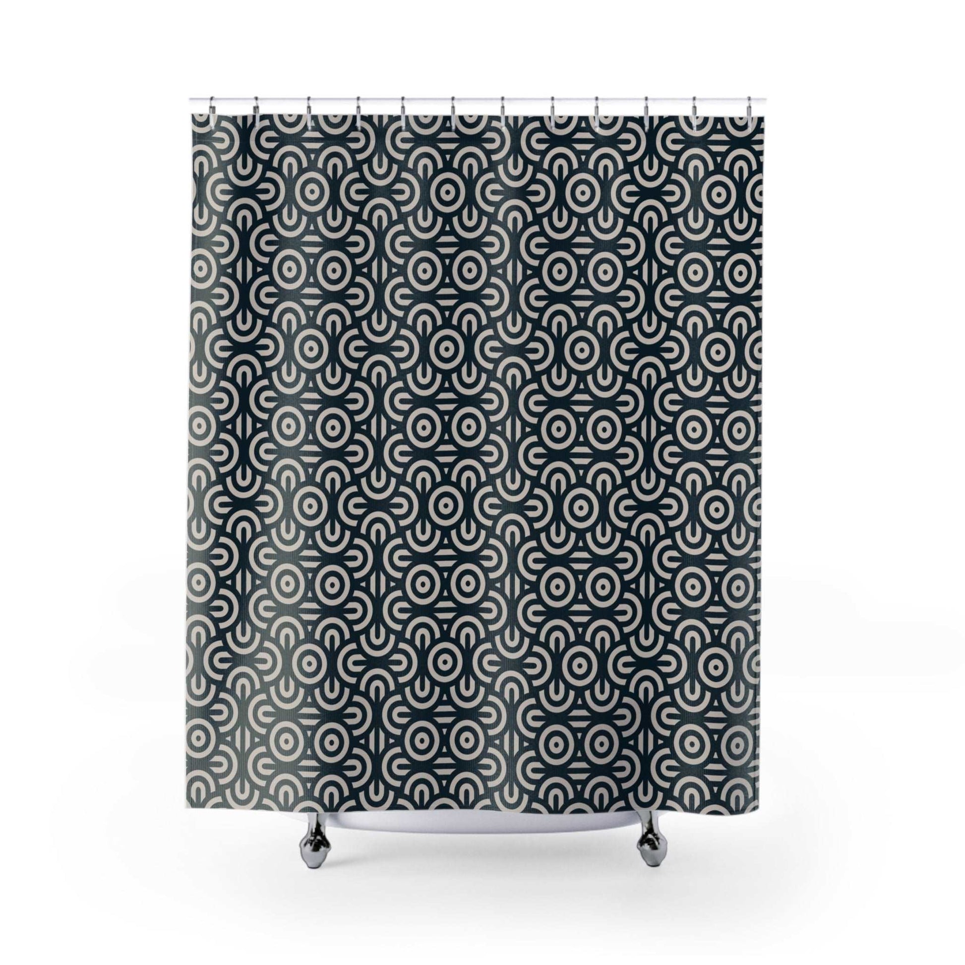 Basket Weave Geometric Curves Navy Blue Tan Shower Curtain - Coastal Bathroom Decor, Modern Geometric Pattern