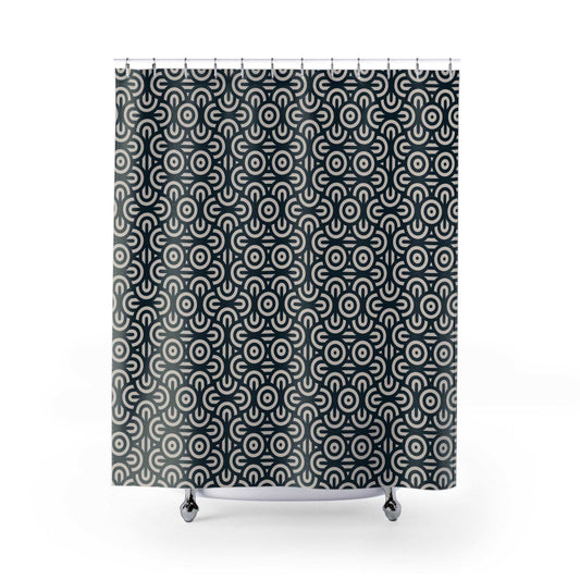 Basket Weave Geometric Curves Navy Blue Tan Shower Curtain - Coastal Bathroom Decor, Modern Geometric Pattern