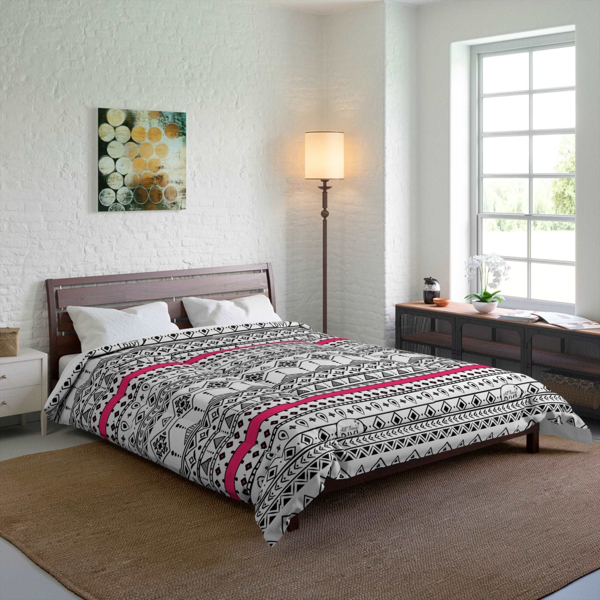 Aztec Print with Pink Ribbon Microfiber Polyester Comforter Set - Stylish Southwestern Inspired Bedroom Furniture for Women