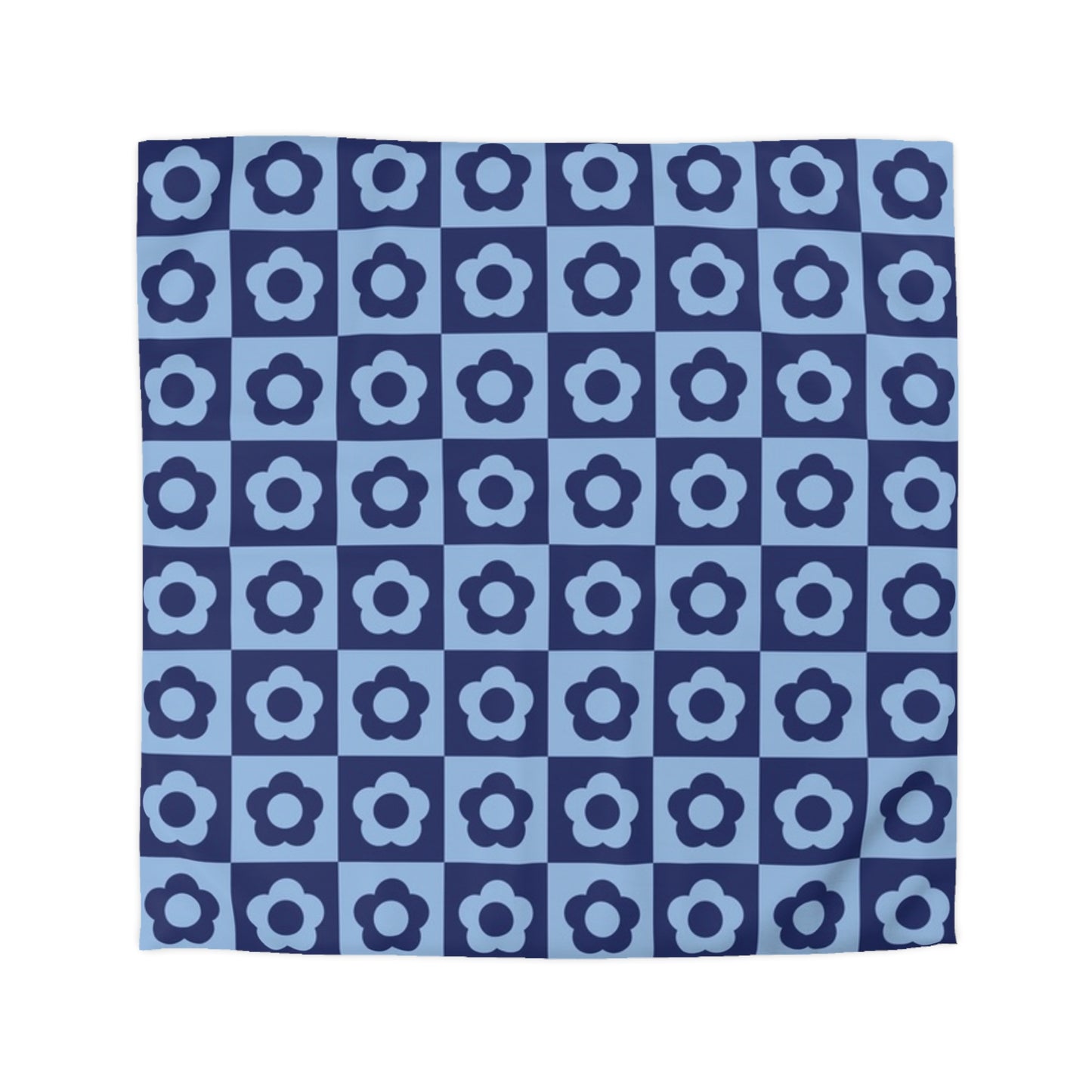 Navy Blue Checkerboard Duvet Cover with White Daisies - Country Chic Bedroom Decor