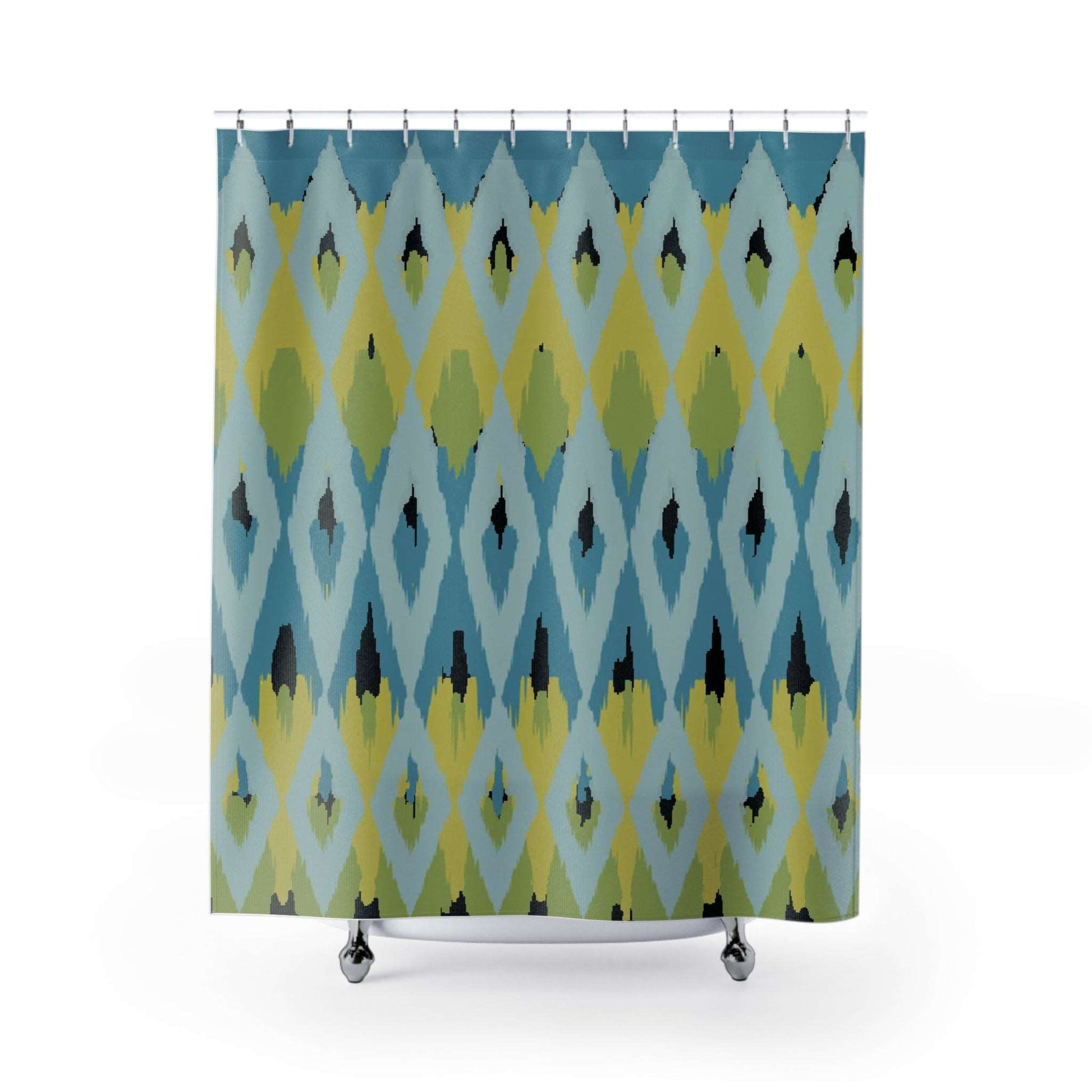 Boho Ikat Shower Curtain - Teal and Green Festive Design