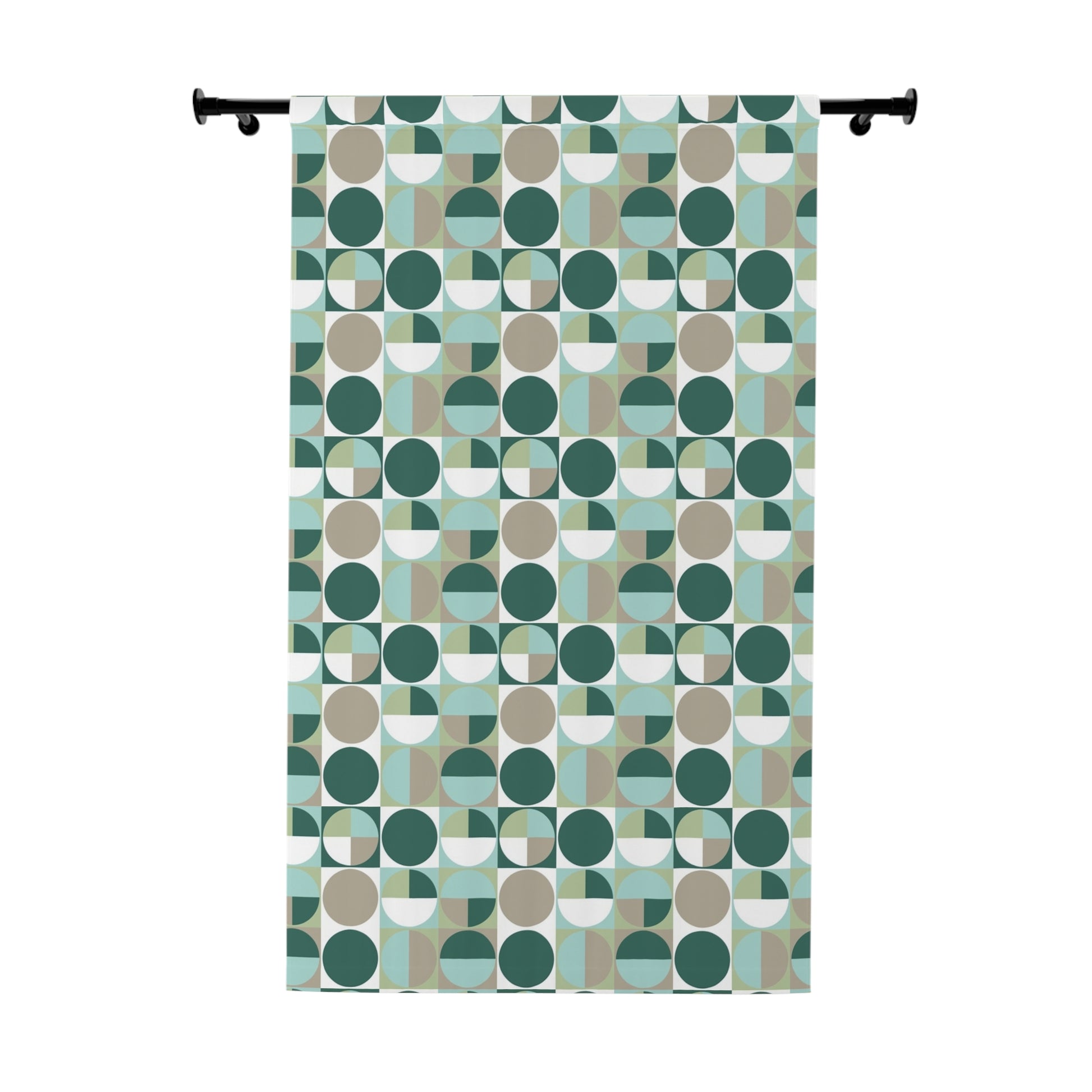 Green Geometric Window Curtains - Modern Abstract Circles in Squares Design, Contemporary Window Pane Decor