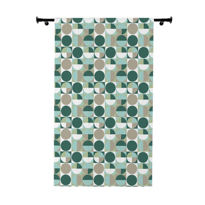 Green Geometric Window Curtains - Modern Abstract Circles in Squares Design, Contemporary Window Pane Decor