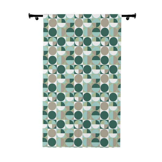 Green Geometric Window Curtains - Modern Abstract Circles in Squares Design, Contemporary Window Pane Decor